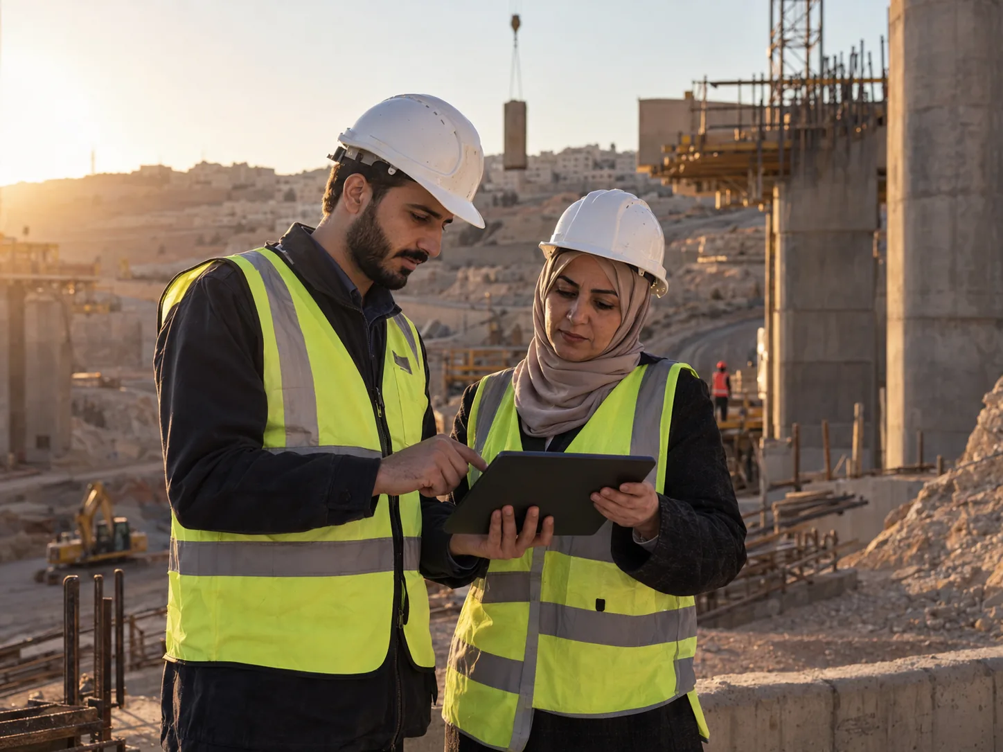 مهندسان يراجعان مخطط مشروع إنشائي